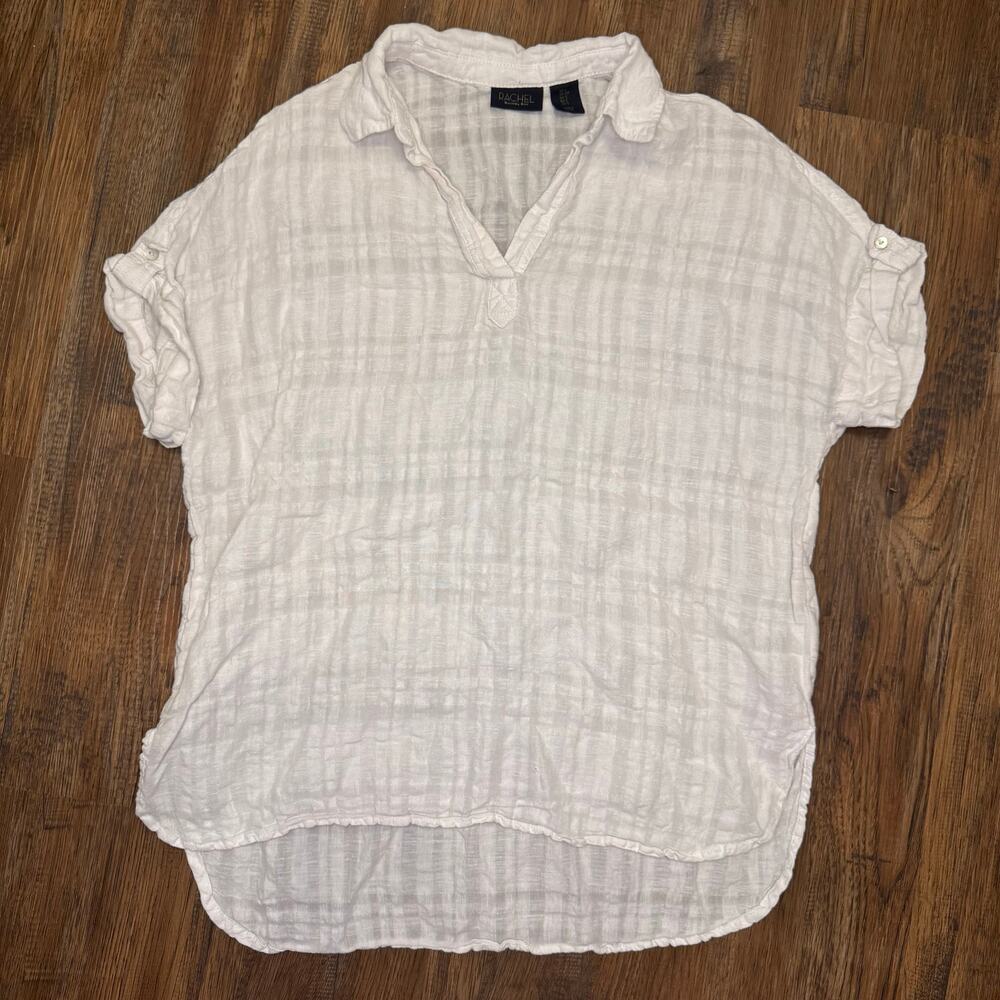 Rachel Roy SMALL white pullover top linen and cotton rolled tab short sleeve